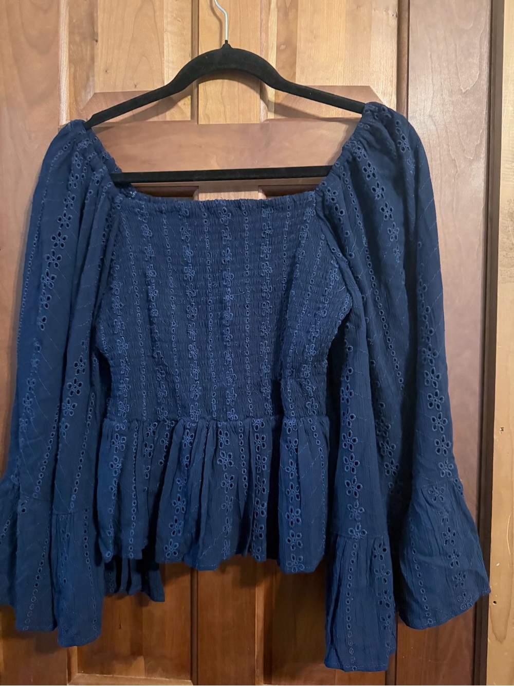 Angie’s Women’s Navy Eyelet Smocked Peasant Top - Picture 3 of 7